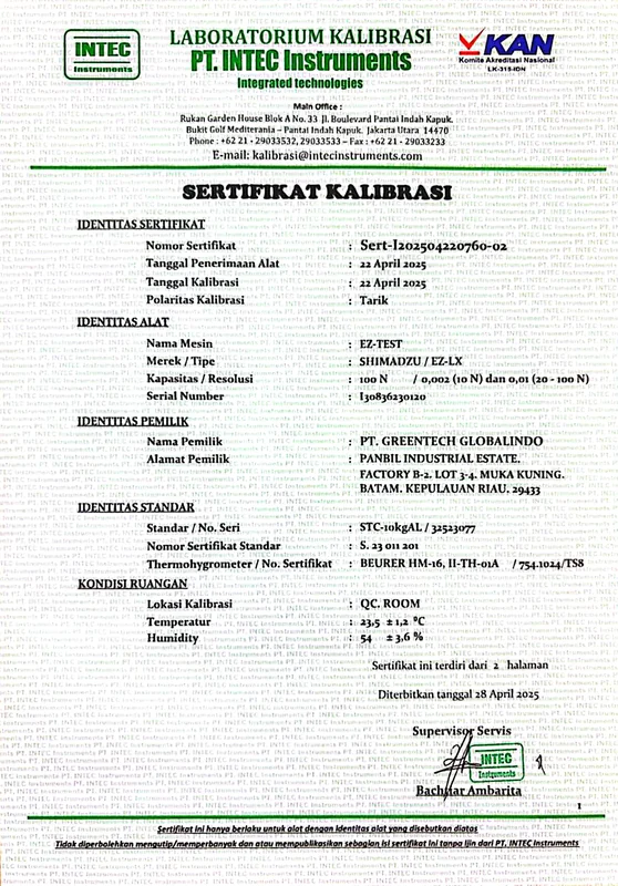Greentech Globalindo calibration certificate page 1, issued by accredited laboratory